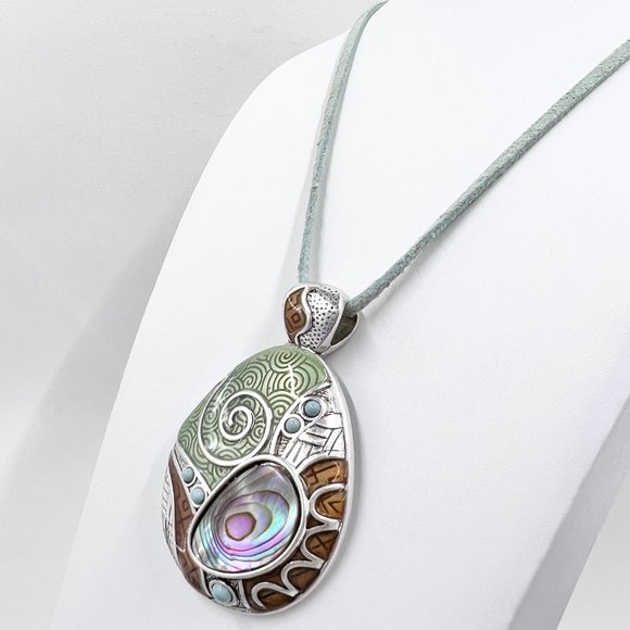 🎉HP🎉 Lia Sophia Abstract Enameled Abalone Silver Tone Pendant 16” Necklace - Picture 2 of 7